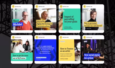 Tentoo LinkedIn-posts grid met content over freelancing, payrolling en sociale statuten